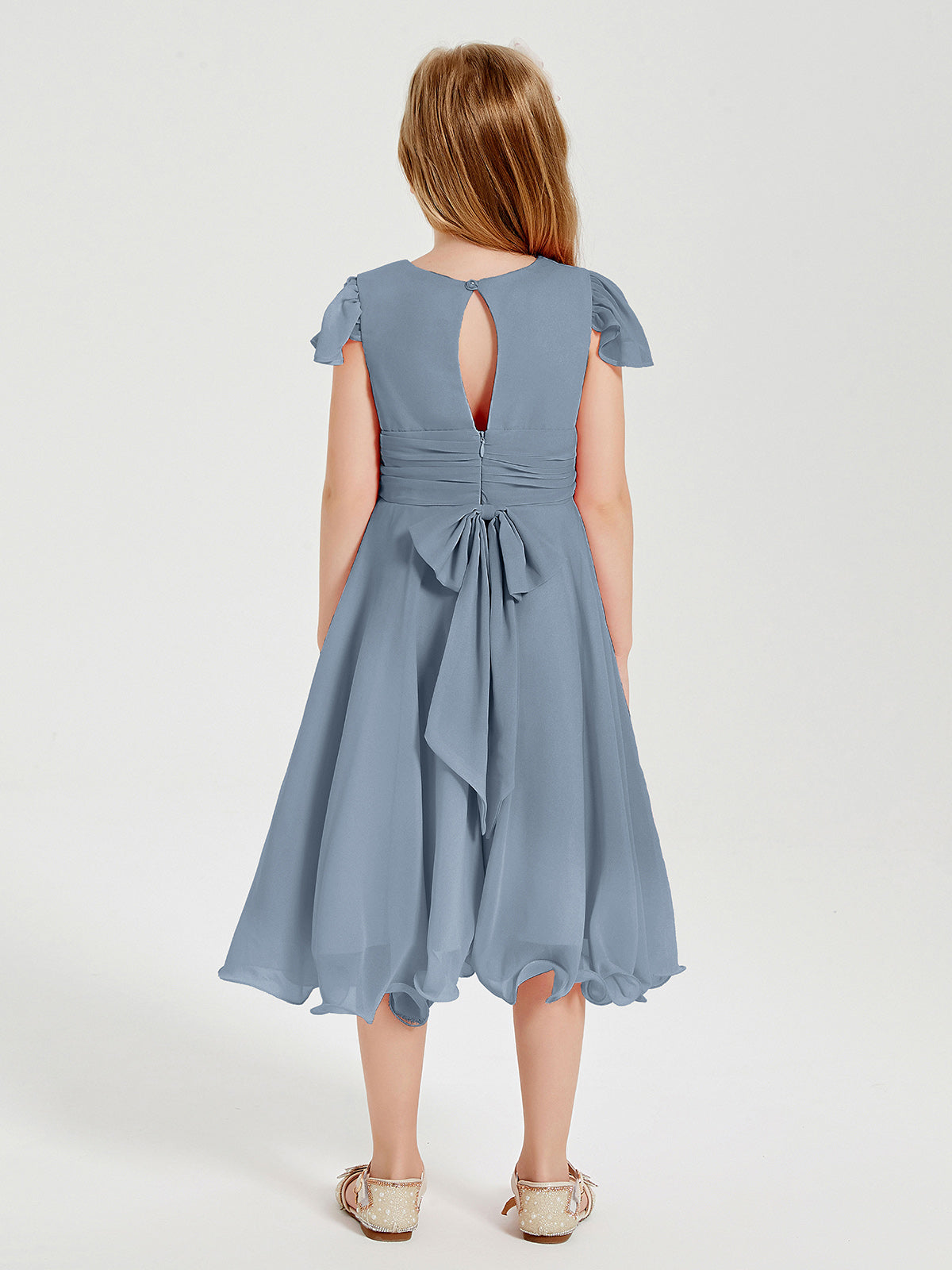 Chiffon Tea Length Junior Bridesmaid Dresses Dusty Blue